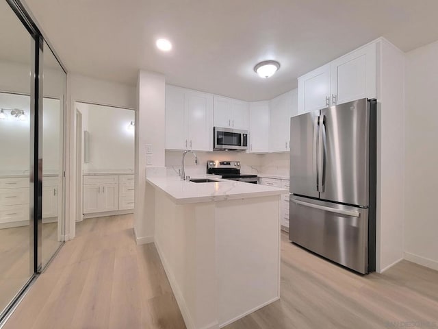 kitchen with kitchen peninsula, light wood-type flooring, stainless steel appliances, sink, and white cabinetry