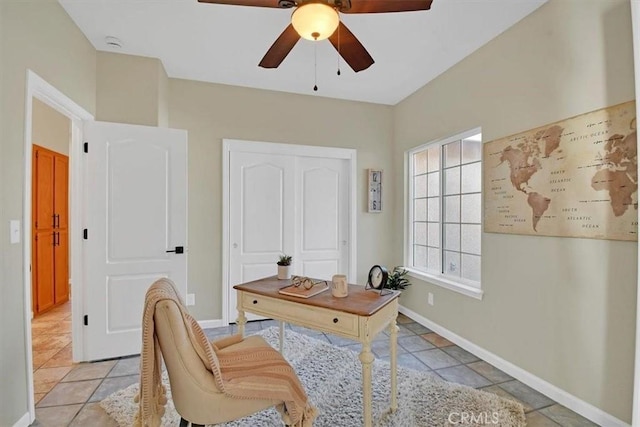 office featuring ceiling fan and light tile patterned flooring