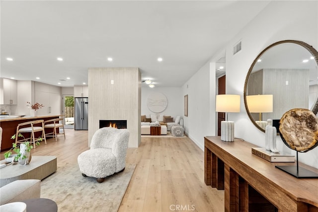 living room with light hardwood / wood-style floors and a fireplace