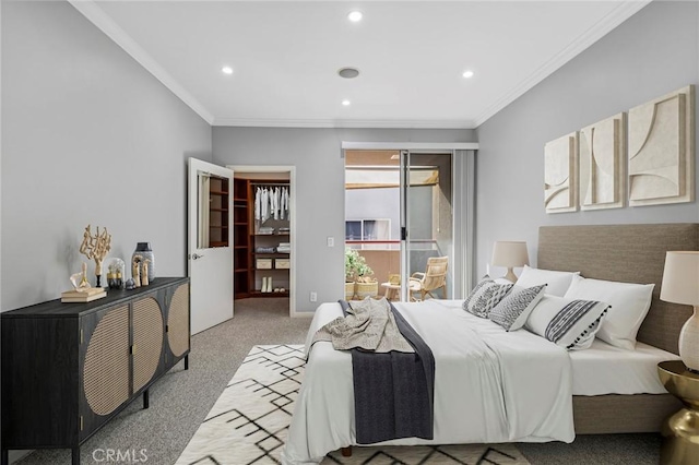 bedroom featuring light colored carpet and crown molding