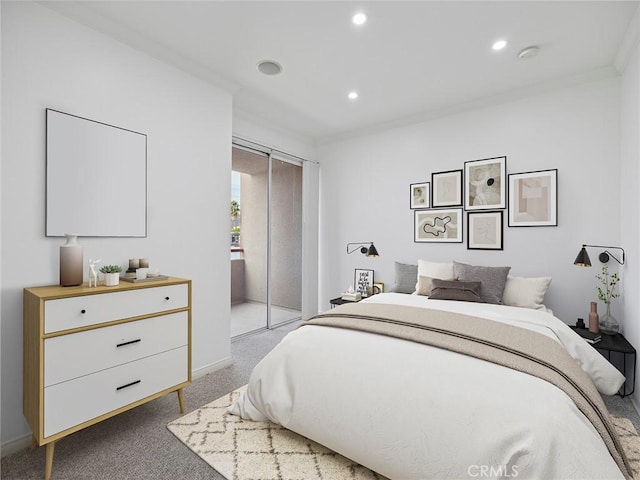 bedroom with light carpet and crown molding