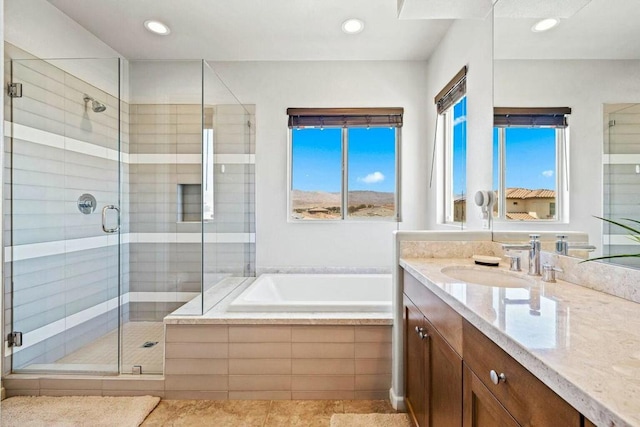 bathroom with vanity, separate shower and tub, and tile patterned flooring