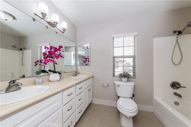 full bathroom featuring tile patterned flooring, vanity, toilet, and bathing tub / shower combination