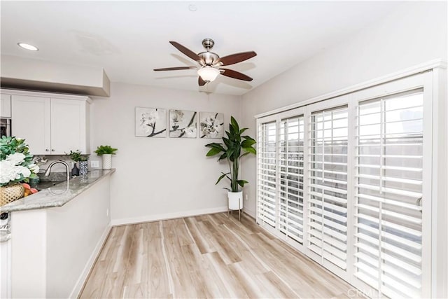 interior space featuring light wood-type flooring and ceiling fan