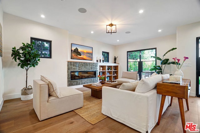 living room featuring hardwood / wood-style flooring and a fireplace