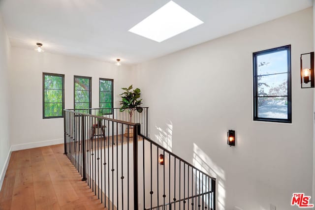 corridor featuring a skylight, light hardwood / wood-style flooring, and plenty of natural light