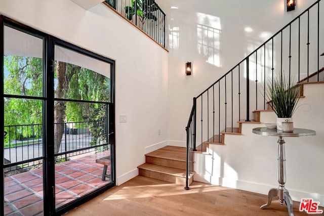 entryway with hardwood / wood-style floors and a towering ceiling