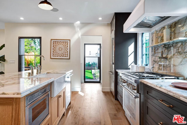 kitchen with tasteful backsplash, a healthy amount of sunlight, stainless steel appliances, and ventilation hood