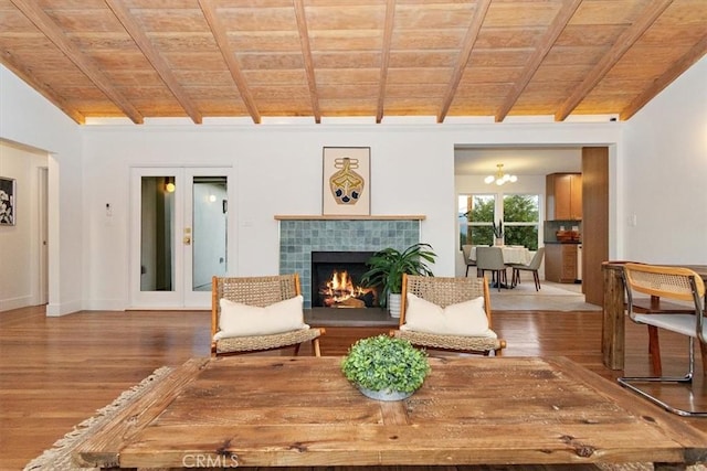 living room featuring hardwood / wood-style flooring, lofted ceiling with beams, wood ceiling, and french doors