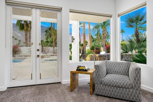 doorway featuring carpet floors and french doors