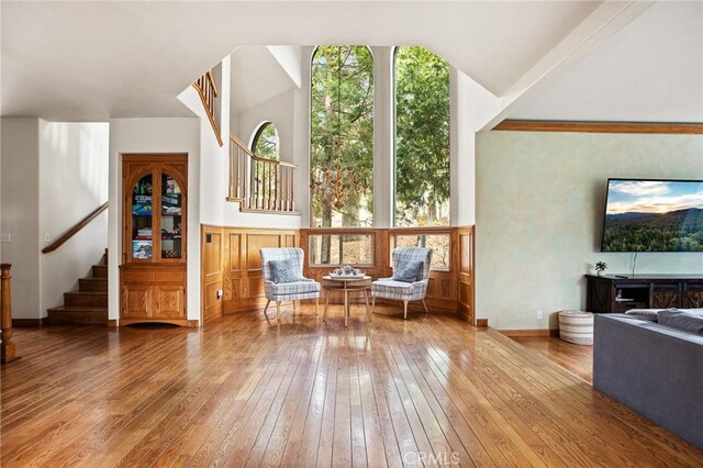 living area featuring a wealth of natural light, wood-type flooring, and a towering ceiling