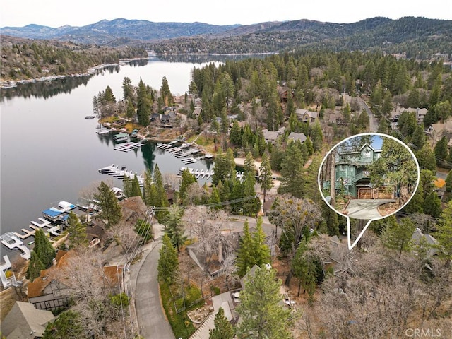 drone / aerial view featuring a water and mountain view