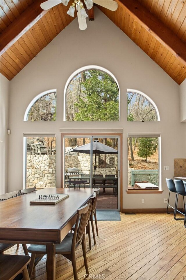 sunroom / solarium featuring ceiling fan, wooden ceiling, and a wealth of natural light