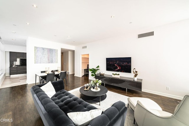 living room featuring dark wood-type flooring