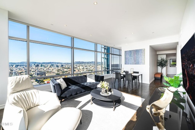 living room featuring expansive windows and hardwood / wood-style flooring