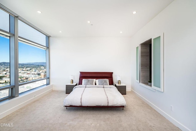 carpeted bedroom with a mountain view