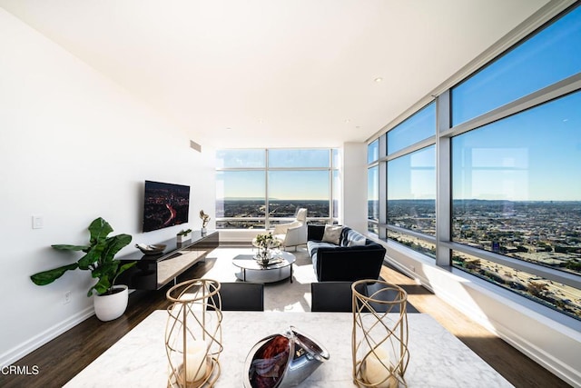 living room with dark hardwood / wood-style flooring