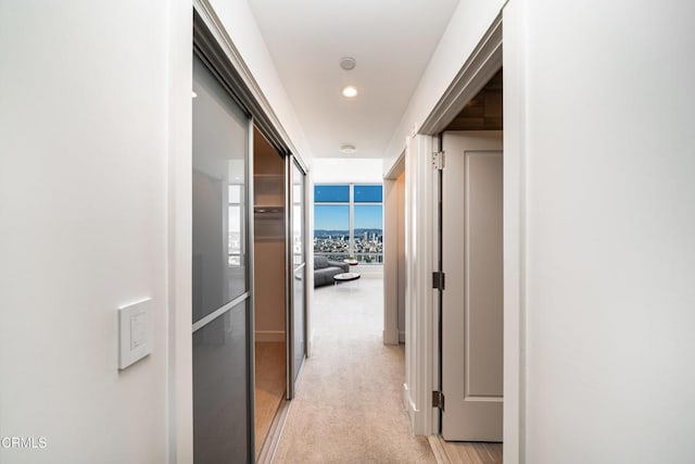 hall featuring light colored carpet and expansive windows