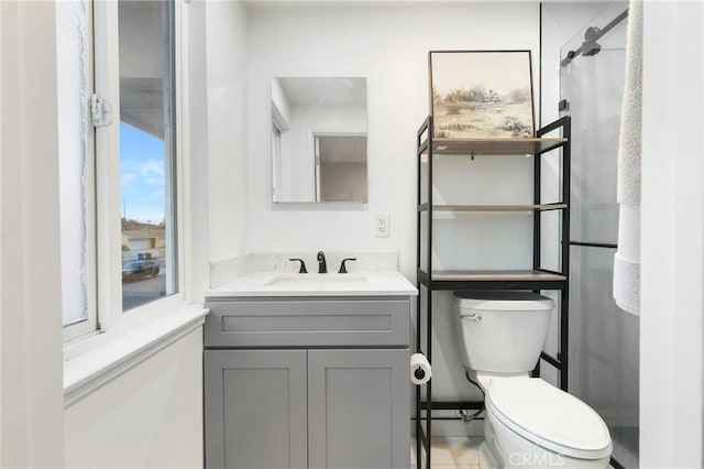 bathroom with a shower, vanity, and toilet