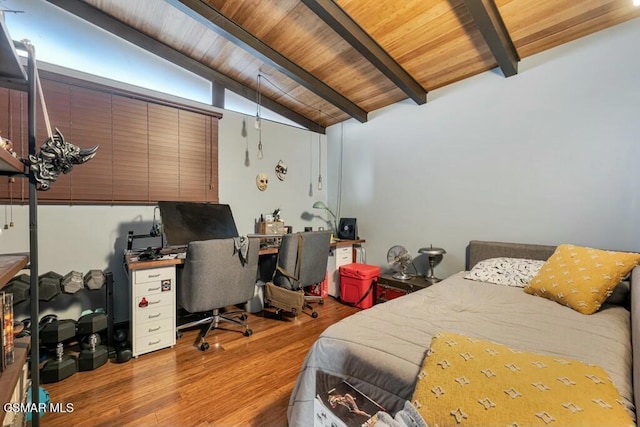 bedroom featuring wood ceiling, vaulted ceiling with beams, and light hardwood / wood-style floors