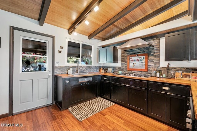 bar featuring stainless steel gas stovetop, wood counters, lofted ceiling with beams, light hardwood / wood-style floors, and wood ceiling