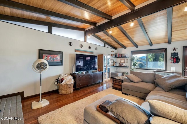 living room featuring lofted ceiling with beams, dark wood-type flooring, and wood ceiling