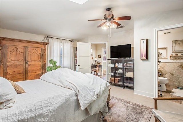 bedroom with connected bathroom and ceiling fan