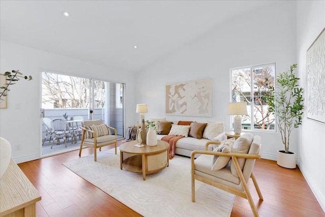 living room featuring a wealth of natural light, wood-type flooring, and high vaulted ceiling