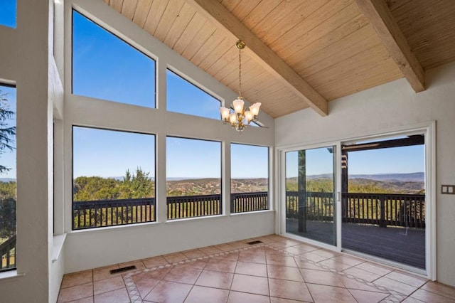 unfurnished sunroom with wooden ceiling, a chandelier, and lofted ceiling with beams