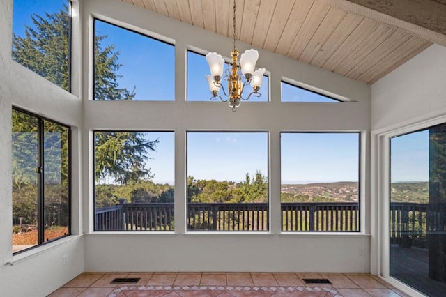 unfurnished sunroom featuring wooden ceiling, lofted ceiling, and a notable chandelier