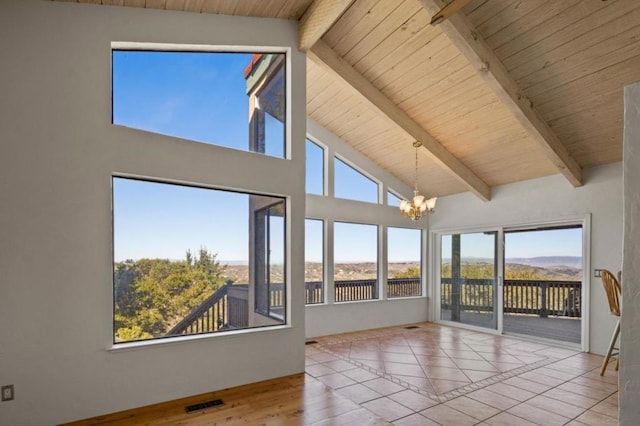 unfurnished sunroom featuring lofted ceiling with beams, an inviting chandelier, and wooden ceiling