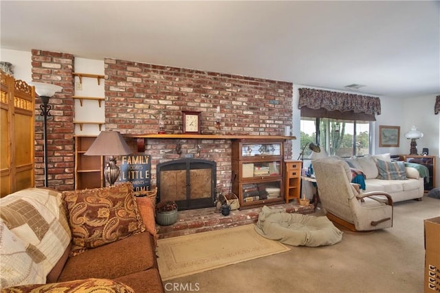 carpeted living room featuring a brick fireplace