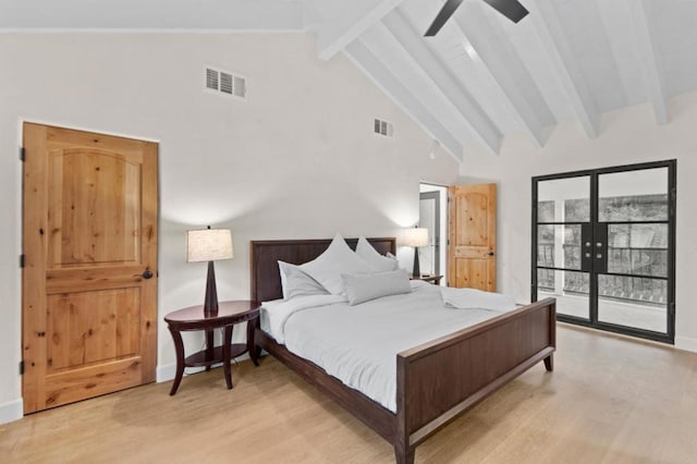 bedroom with access to exterior, high vaulted ceiling, light wood-type flooring, ceiling fan, and beam ceiling