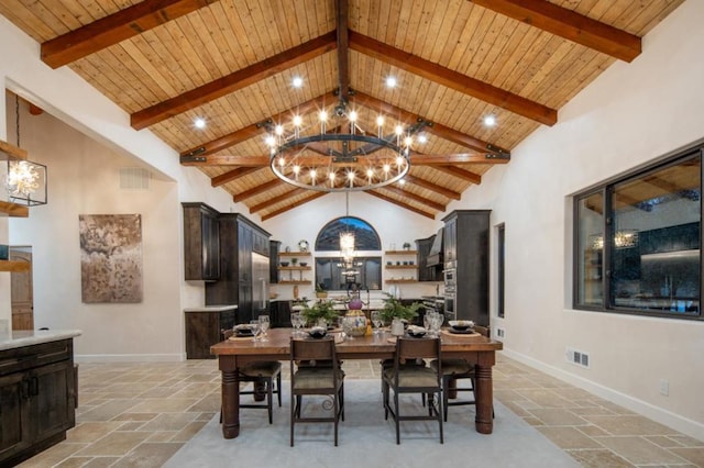 dining room with high vaulted ceiling, beamed ceiling, an inviting chandelier, and wooden ceiling