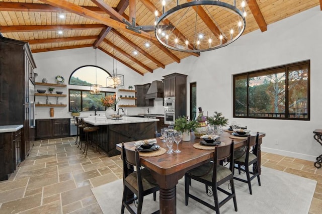 dining area featuring a healthy amount of sunlight, wood ceiling, and high vaulted ceiling