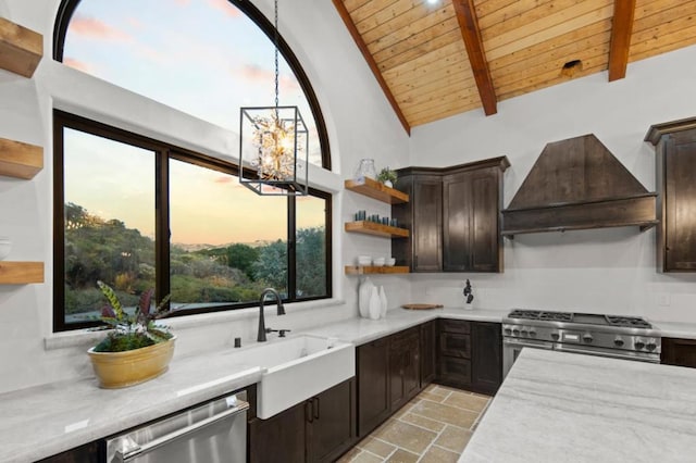 kitchen with premium range hood, vaulted ceiling with beams, hanging light fixtures, wood ceiling, and stainless steel appliances