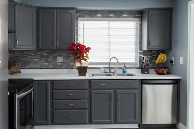 kitchen with range with electric stovetop, gray cabinets, decorative backsplash, stainless steel dishwasher, and sink