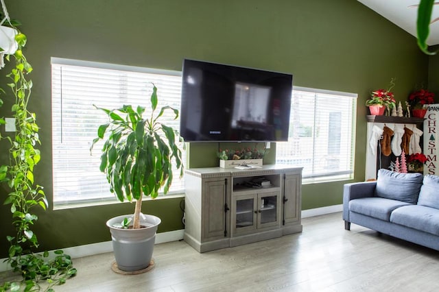 living room with light wood-type flooring and lofted ceiling