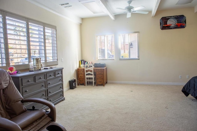 living area featuring light carpet, ceiling fan, crown molding, and beam ceiling