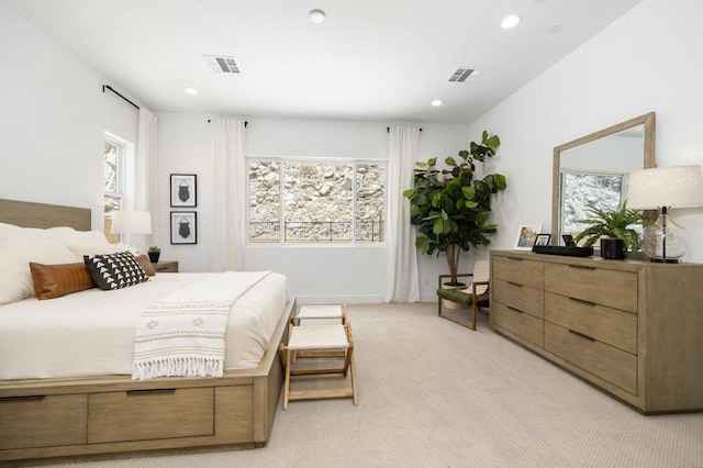 bedroom featuring light carpet and multiple windows