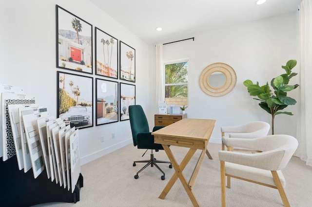 home office with light carpet