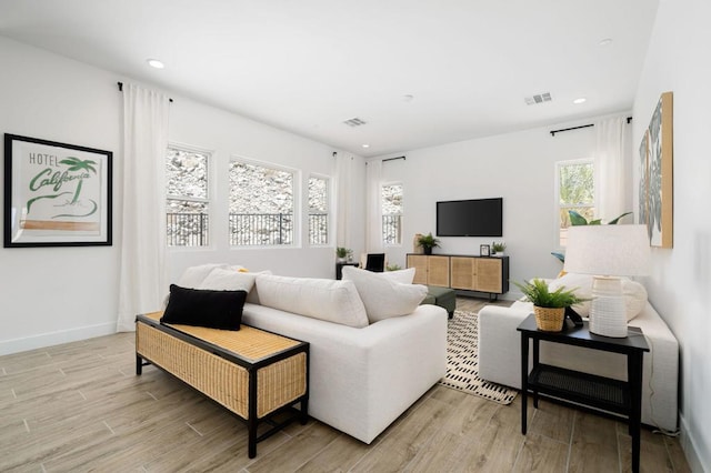 living room with light hardwood / wood-style floors and a healthy amount of sunlight