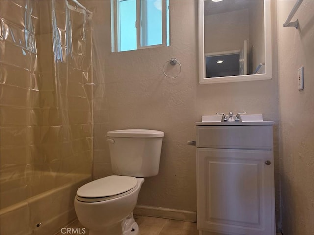 3445 Garfield Ave, Clearlake, CA 95422 - full bathroom with toilet, vanity, shower / bathtub combination with curtain, and baseboards
