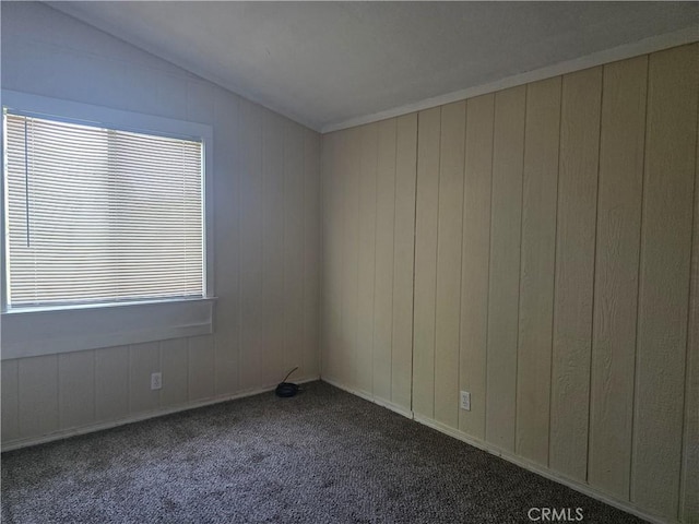 3445 Garfield Ave, Clearlake, CA 95422 - unfurnished room with dark carpet, vaulted ceiling, and wood walls