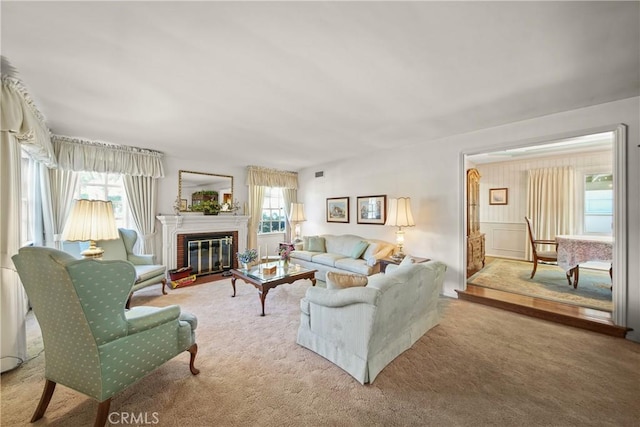 living room with light colored carpet