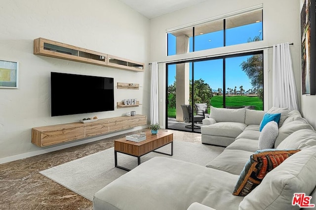 living room with a towering ceiling