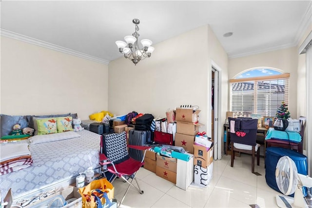 tiled bedroom featuring an inviting chandelier and crown molding