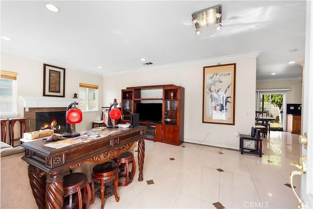 tiled home office featuring ornamental molding