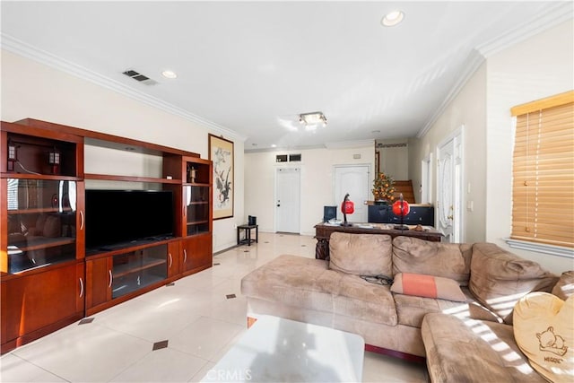 living room with light tile patterned floors and crown molding