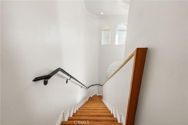 staircase featuring ornamental molding